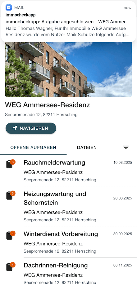immocheck-app: Immobilien-Detailansicht mit sichtbarer E-Mail-Benachrichtigung über abgeschlossenen Auftrag.