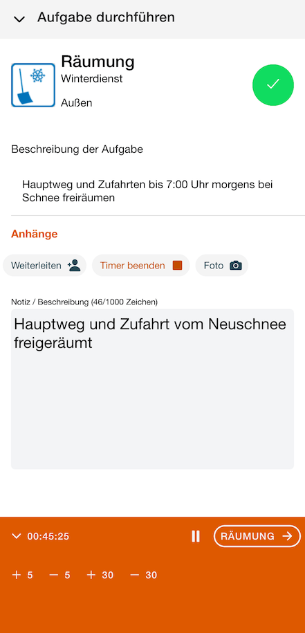 immocheck-app: Aufgabe in Bearbeitung mit aktiver Zeiterfassung